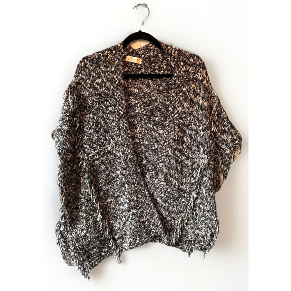 Hollister Sweater Vest Women M L Black White Open Front Draped Fringe‎ Oversized